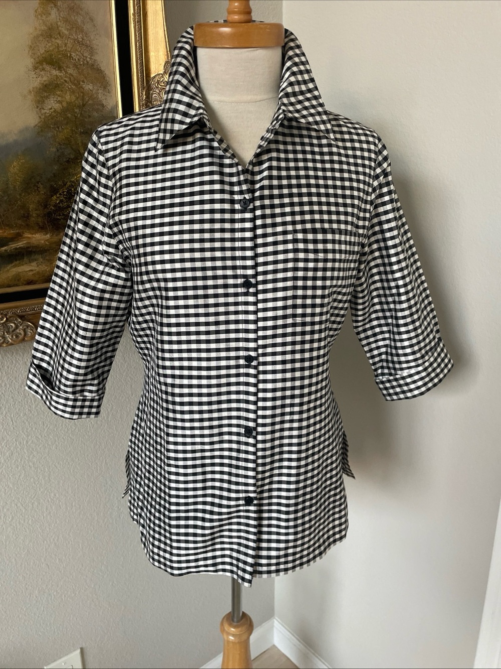 Lauren Ralph Lauren Blouse Shirt Sz 6 Gingham 100% Silk Black White 3/4 Sleeve